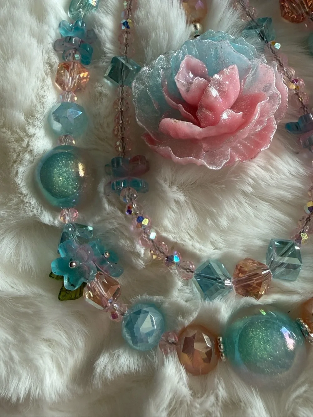 Pastel Pink & Blue Floral Beaded Key and Card Holder Charm